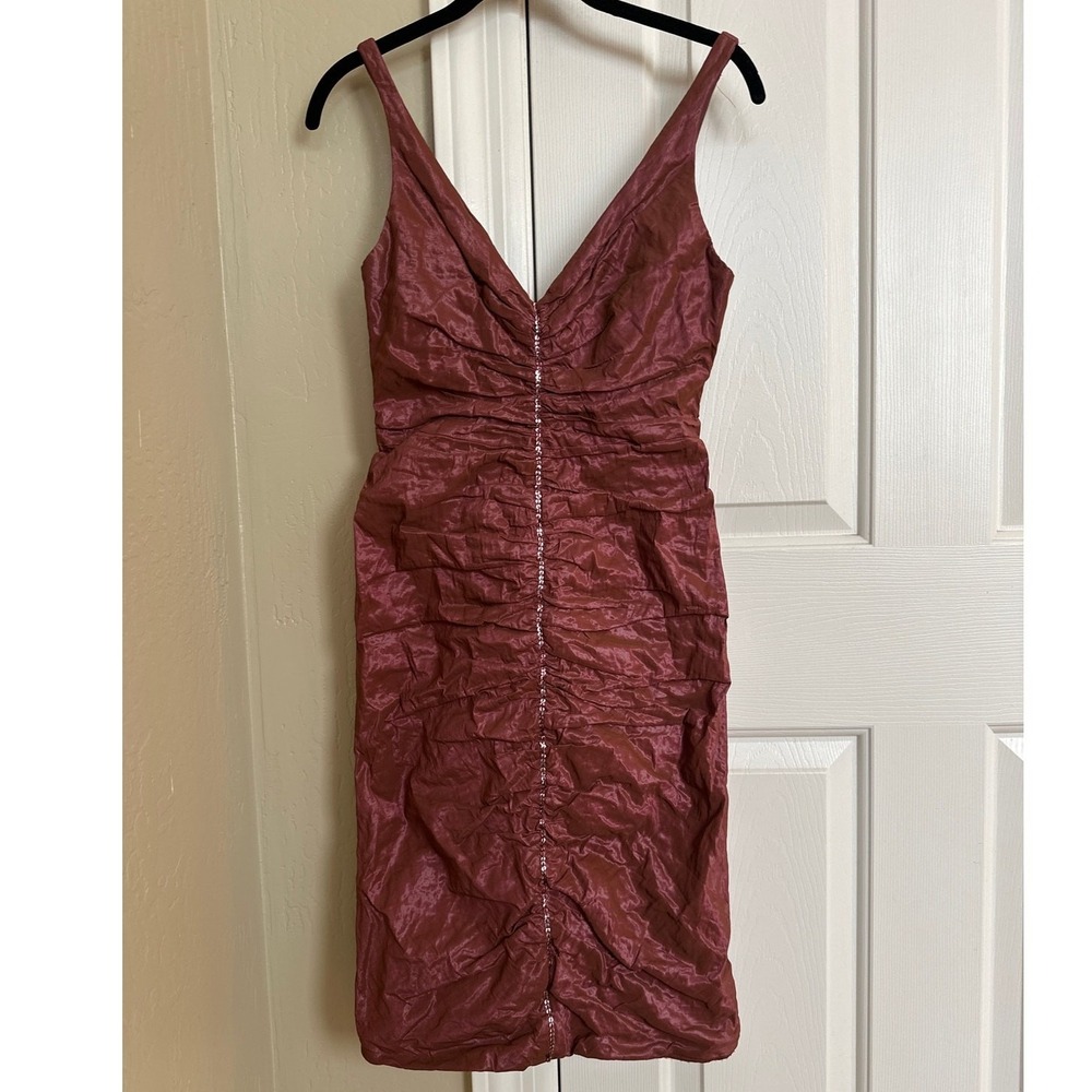 Carmen Marc Valvo Ruched‎ V-Neck Cocktail Dress Sequin Trim Size 4